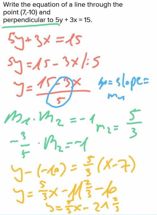 Write the equation of a line through the point (7,-10) and
perpendicular to 5y + 3x = 15.