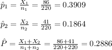 \hat p_{1}=\frac{X_{1}}{n_{1}}=\frac{86}{220}=0.3909\\\\\hat p_{2}=\frac{X_{2}}{n_{2}}=\frac{41}{220}=0.1864\\\\\hat P=\frac{X_{1}+X_{2}}{n_{1}+n_{2}}=\frac{86+41}{220+220}=0.2886