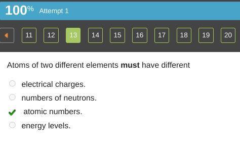 Atoms of two different elements must have different

electrical charges.
numbers of neutrons.
atomic