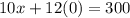 10x + 12(0) = 300