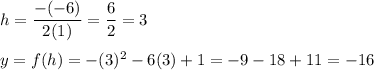 h=\dfrac{-(-6)}{2(1)}=\dfrac6{2}=3\\\\y=f(h)=-(3)^2-6(3)+1=-9-18+11=-16