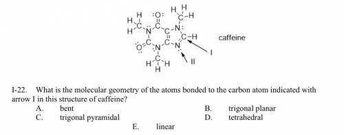 What is the molecular geometry of the atoms bonded to the carbon atom indicated with arrow I in this