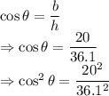 \cos\theta=\dfrac{b}{h}\\\Rightarrow \cos\theta=\dfrac{20}{36.1}\\\Rightarrow \cos^2\theta=\dfrac{20^2}{36.1^2}