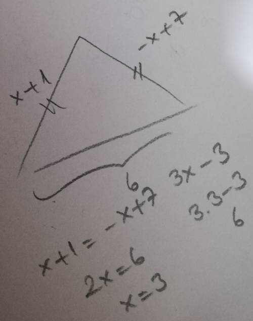 The legs if an isosceles triangle have lengths x+1 and -x+7. the base has length 3x-3. what is the l