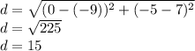 d=\sqrt{(0-(-9))^{2} + (-5-7)^{2}  } \\d=\sqrt{225} \\d=15
