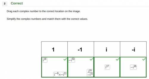 Drag each complex number to the correct location on the image.

Simplify the complex numbers and mat