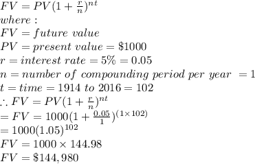 FV = PV (1+\frac{r}{n})^{nt}\\ where:\\FV = future\ value\\PV = present\ value = \$1000\\r = interest\ rate = 5\%=0.05\\n = number\ of\ compounding\ period\ per\ year\ = 1\\t = time = 1914\ to\ 2016 = 102\\\therefore FV = PV (1+\frac{r}{n})^{nt}\\= FV = 1000 (1+\frac{0.05}{1})^{(1 \times102)}\\= 1000(1.05)^{102}\\FV= 1000 \times 144.98\\FV= \$144,980
