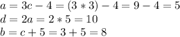 a = 3c-4 = (3*3)-4=9-4=5\\d = 2a = 2*5=10\\b = c + 5 = 3 + 5 = 8