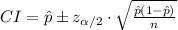 CI=\hat p \pm z_{\alpha/2}\cdot\sqrt{\frac{\hat p(1-\hat p)}{n}}