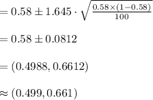 =0.58\pm 1.645\cdot\sqrt{\frac{0.58\times(1-0.58)}{100}}\\\\=0.58\pm 0.0812\\\\=(0.4988, 0.6612)\\\\\approx (0.499, 0.661)