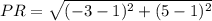 PR = \sqrt{(-3 - 1)^2 + (5 - 1)^2}