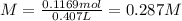 M=\frac{0.1169mol}{0.407L} =0.287 M