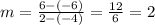 m = \frac{6 - (-6)}{2 - (-4)} = \frac{12}{6} = 2