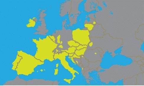 The yellow region in the map below shows which predominant religion of europe?  a.) east