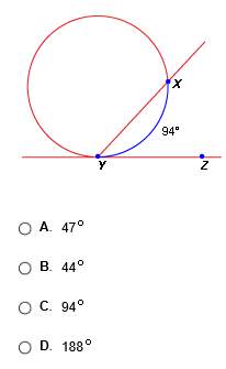 the measure of (arc)xy is 94*. what is the measure of xyz, the tangent-chord angle?