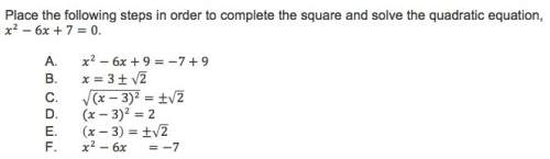 Place the following steps in order to complete the square and solve the quadratic equation, x^2 - 6x