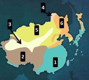 The highland climate region of east asia is labeled with the number on the map above. a.