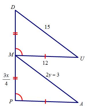 Δdum is congruent to δmap. solve for y. a. 7.5 b. 9 c. 12 d. 15&lt;