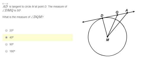 Ad←→ is tangent to circle m at point d. the measure of ∠dmq is 50º. what is the measure