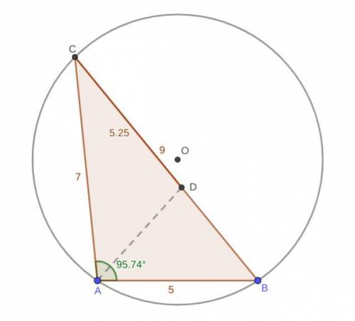 1) In triangle ABC, we know that AB = 5, BC = 9, and CA = 7. D is a point on BC such that AD bisects