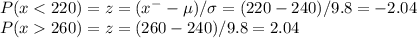 P(x < 220) = z = (x^-- \mu)/\sigma = (220 - 240)/9.8 = -2.04\\P(x  260) = z = (260 - 240)/9.8 = 2.04