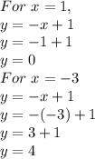 For \ x=1, \\y=-x+1 \\y=-1+1 \\y=0\\For \ x=-3\\ y=-x+1\\y=-(-3)+1 \\y=3+1\\y=4