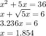 {x}^{2}  + 5x = 36 \\ x +  \sqrt{5x}  = 6 \\ 3.236x = 6 \\ x = 1.854