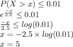 P(Xx) \leq 0.01\\e^{\frac{-x}{2.5}} \leq 0.01\\\frac{-x}{2.5} \leq log (0.01)\\x=-2.5 \times log (0.01)\\x=5