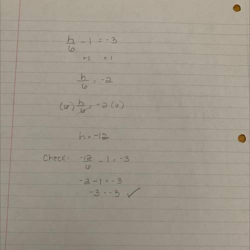 Solve for h h/6 - 1 = -3
