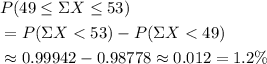 \begin{aligned}& P(49 \le \Sigma X \le 53) \\ &= P(\Sigma X < 53) - P(\Sigma X < 49) \\ & \approx 0.99942 - 0.98778 \approx 0.012 = 1.2\%\end{aligned}