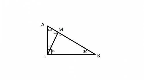 (sat prep) in △abc ac⊥bc , m∠b = 30° , and m is a point on side ab , such that m∠amc = 105°. which o