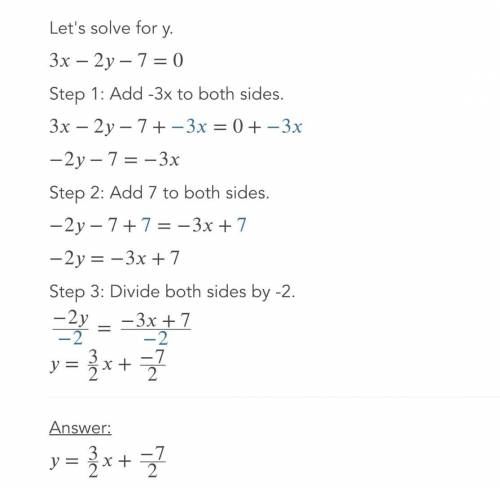 Solve for y: 3x - 2y - 7 = 0