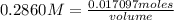 0.2860M=\frac{0.017097 moles}{volume}