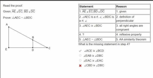 Read the proof
Given: AE EC; BD DC
Prove: triangle AEC ~ triangle BDC