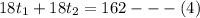 18t_1 +18 t_2 = 162 --- (4)