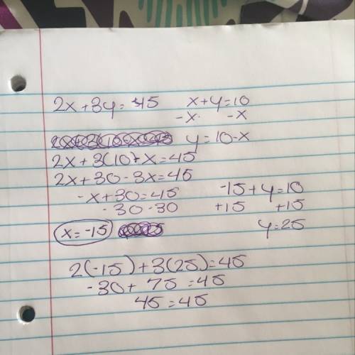 Consider the following system of equations: 2x+3y=45x+y=10what is the x value of the solution for th