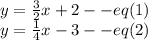 y=\frac{3}{2}x+2--eq(1)\\y=\frac{1}{4}x-3--eq(2)
