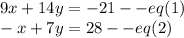 9x+14y=-21--eq(1)\\-x+7y=28--eq(2)