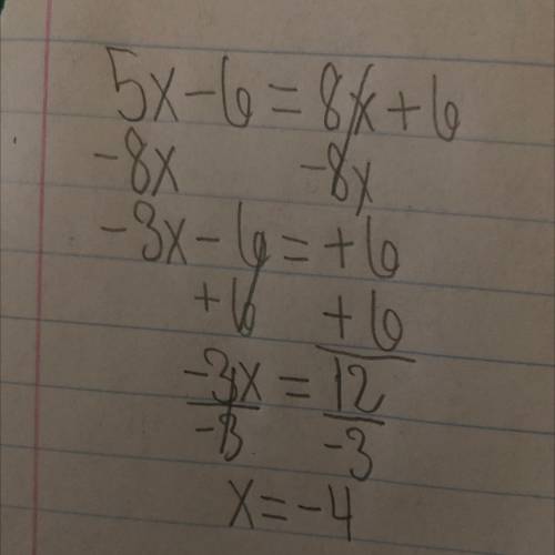 How do you solve 5x-6=8x+6 and what’s the answer?
