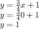 y = \frac{3}{4} x + 1\\y = \frac{3}{4}0 + 1\\y = 1