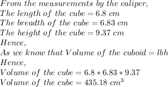 From\ the\ measurements\ by\ the\ caliper,\\The\ length\ of\ the\ cube=6.8\ cm\\The\ breadth\ of\ the\ cube=6.83\ cm\\The\ height\ of\ the\ cube=9.37\ cm\\Hence,\\As\ we\ know\ that\ Volume\ of\ the\ cuboid=lbh\\Hence,\\Volume\ of\ the\ cube=6.8*6.83*9.37\\Volume\ of\ the\ cube=435.18\ cm^3\\