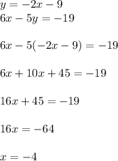 y = -2x - 9\\6x - 5y = -19\\\\6x - 5(-2x - 9) = -19\\\\6x + 10x + 45 = -19\\\\16x + 45 = -19\\\\16x = -64\\\\x = -4