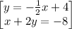 \begin{bmatrix}y=-\frac{1}{2}x+4\\ x+2y=-8\end{bmatrix}
