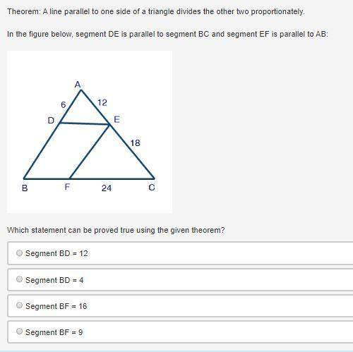 Neen asap plzzz theorem: a line parallel to one side of a triangle divides the other t