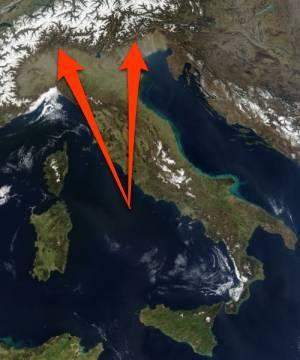 The arrows on this map are pointing to the the mountain range known as the alps. which of these stat