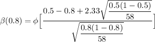 \beta (0.8) = \phi \Big [ \dfrac{0.5-0.8 + 2.33 \sqrt{\dfrac{0.5(1-0.5)}{58}}}{\sqrt{\dfrac{0.8(1-0.8)}{58} }}\Big]