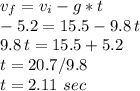 v_f=v_i-g*t\\-5.2 = 15.5 - 9.8\,t\\9.8 \,t= 15.5 + 5.2\\t = 20.7/9.8\\t = 2.11 \,\,sec