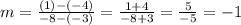 m = \frac{(1) - (-4)}{-8 - (-3)} = \frac{1 + 4}{-8 + 3} = \frac{5}{-5}  = -1