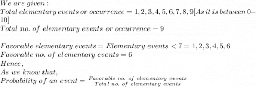 We\ are\ given:\\Total\ elementary\ events\ or\ occurrence=1,2,3,4,5,6,7,8,9[As\ it\ is\ between\ 0-10]\\Total\ no.\ of\ elementary\ events\ or\ occurrence=9\ \\\\Favorable\ elementary\ events=Elementary\ events