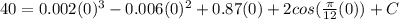 40=0.002(0)^{3}-0.006(0)^{2}+0.87(0)+2cos(\frac{\pi}{12}(0))+C